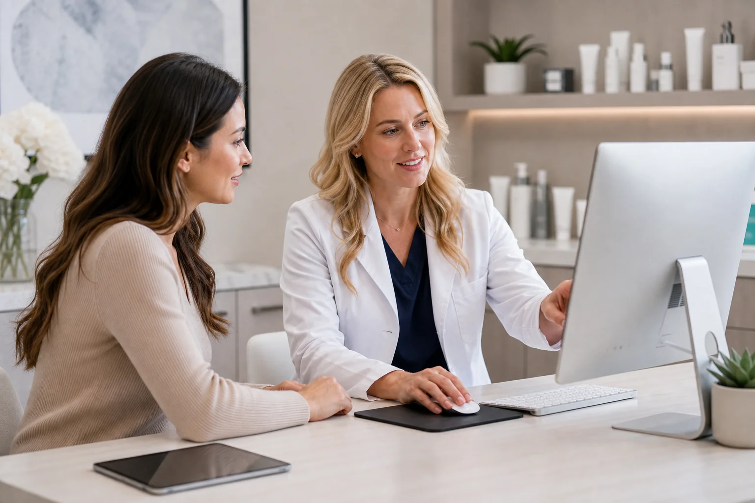 Medical spa provider reviewing prescribing information at a computer